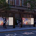 Modern Bus Station With Billboard Shelter And Pedestrians Near Building Trees