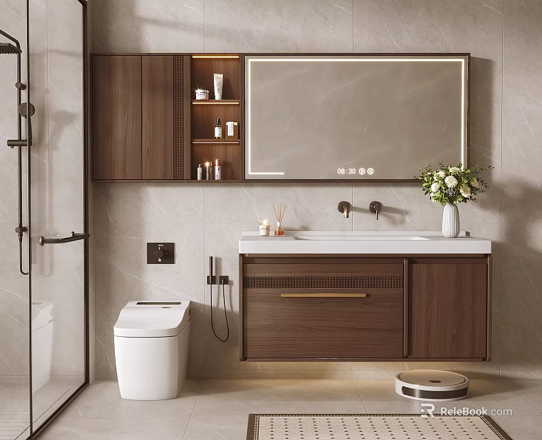 Modern Bathroom Vanity Cabinet With Illuminated Mirror Sink Storage And Decorative Flowers 3d model 
