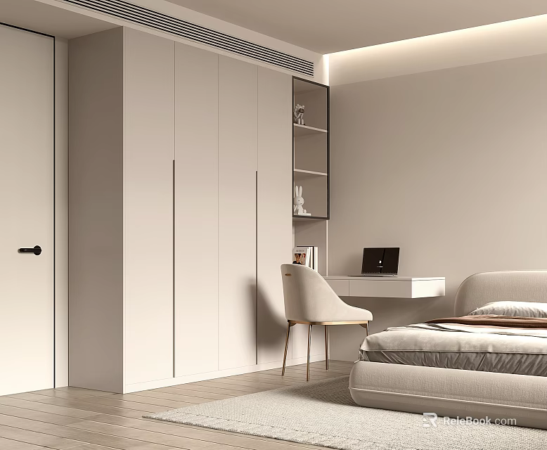 Modern Built in Wardrobe Design In Bedroom With Storage Cabinets And Desk Chair 3d model 