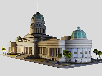 Grand Classical Capitol Building with Green Domes and Columns Stone Steps Surrounded by Palm Trees 3d model