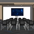 Modern Meeting Room Interior With Large Screen Earth Display Black Chairs And Wooden Walls