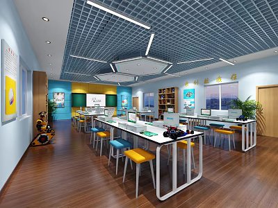 School Modern Classroom Featuring White Tables Colorful Chairs Blackboard Bookshelves And Green Plants 3d model