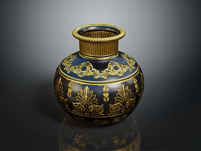 Elegant Dark Blue Vase With Intricate Gold Patterns And Gold Rim 3d model