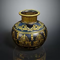 Elegant Dark Blue Vase With Intricate Gold Patterns And Gold Rim