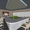 Modern Conference Room with Geometric Wall Irregular Table Rolling Chairs Green Plant and Digital