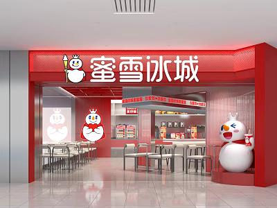 Red Themed Milk Tea Shop Interior Featuring Cartoon Snowman Figure And Dining Tables Chairs 3d model