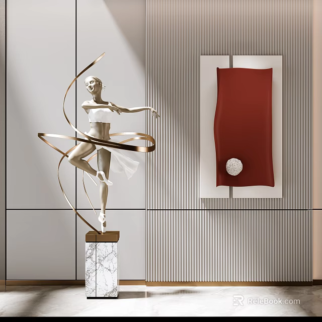 Elegant Ballet Dancer Sculpture With Golden Spiral Design Marble Base And Red Wall Art 3d model 