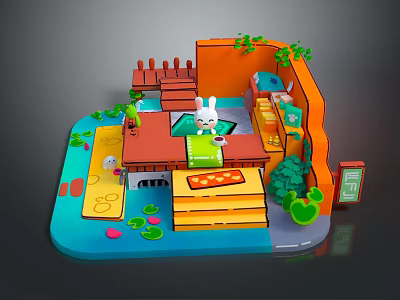Cartoon Scene With Cute Rabbit Character Colorful Buildings Green Trees And Wooden Platforms 3d model