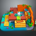 Cartoon Scene With Cute Rabbit Character Colorful Buildings Green Trees And Wooden Platforms