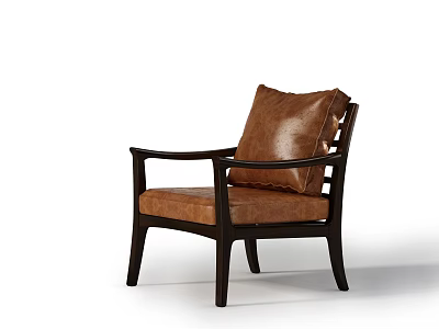 Modern Brown Leather Armchair With Wooden Frame And Stylish Cushion Design 3d model