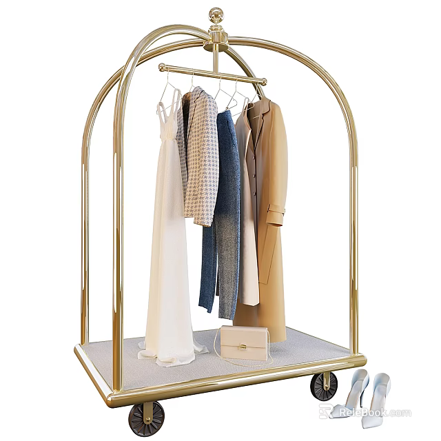 Golden Clothing Rack with Hanging Dresses Coats Shirts Handbag and Shoes on Wheels 3d model 
