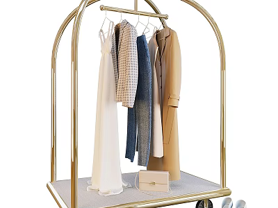 Golden Clothing Rack with Hanging Dresses Coats Shirts Handbag and Shoes on Wheels 3d model