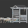 Wooden Boat in Outdoor Area with Boathouse Grill Table and Chairs Surfboard Rack