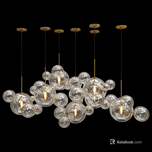 Modern Decorative Chandeliers With Transparent Glass Orbs And Golden Metal Frames 3d model 
