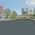 Scenic Commercial Street Featuring Palm Trees Water Pool Reflections Red Umbrellas And Tall Buildings