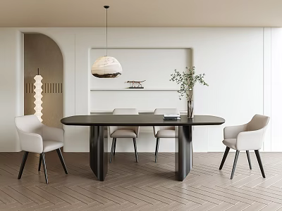 Modern Black Oval Dining Table Set With Light Gray Chairs And Pendant Light In Interior 3d model