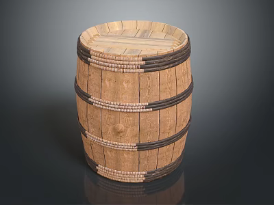 Vintage Wooden Barrel Decorative Ornament Set With Black Metal Hoops And Rustic Design 3d model
