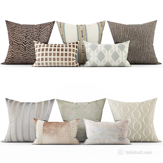 Assorted Decorative Throw Pillows Featuring Geometric Stripe And Check Patterns In Neutral Tones 3d model 