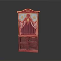 Red Arched Top Cabinet With Gold Accents Star Patterns And Open Shelves
