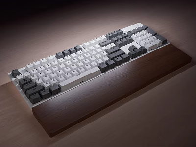 Computer Mechanical Keyboard with Wooden Base White Gray Black Keycaps Backlit Design 3d model