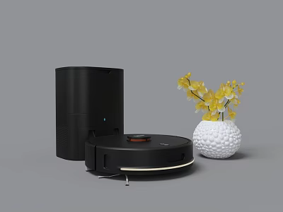 Smart Robot Vacuum Cleaner With Black Docking Station And White Vase With Yellow Flowers 3d model