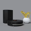 Smart Robot Vacuum Cleaner With Black Docking Station And White Vase With Yellow Flowers