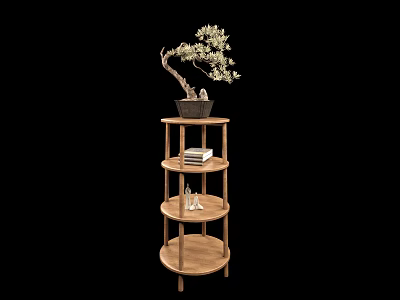 Wooden Plant Stand with Potted Bonsai Top Multi Tiered Shelves Holding Books and Small Decor 3d model