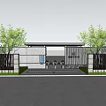 Modern Entrance Gate Architectural Design With White Walls Black Railings And Trees