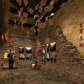 Historical Themed Interior With Red Flag Brick Walls Wooden Structure And Wall Posters