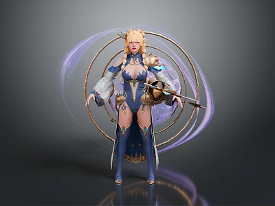 Woman Wearing Blue And Gold Outfit Holding Weapon With Purple Aura And Golden Ring 3d model