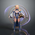 Woman Wearing Blue And Gold Outfit Holding Weapon With Purple Aura And Golden Ring