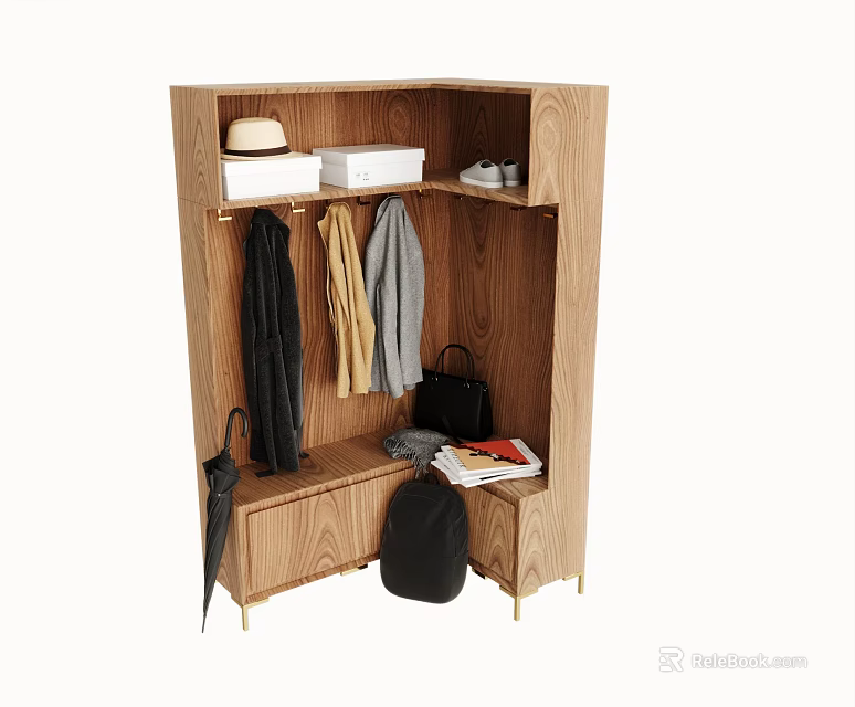 Wooden Wardrobe With Hanging Coats Scarves Hat Storage Boxes Backpack Umbrella And Shoe Shelf 3d model 
