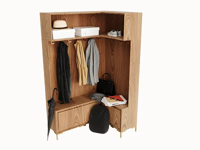 Wooden Wardrobe With Hanging Coats Scarves Hat Storage Boxes Backpack Umbrella And Shoe Shelf 3d model