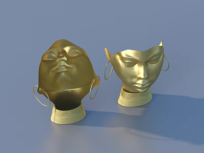 Artistic Pair of Golden Face Sculpture Carving With Earrings And Neck Decoration 3d model