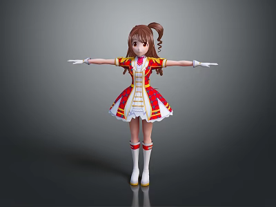 Child 3D Character In Red White Dress Brown Ponytail Gold Accents White Gloves Arms Outstretched 3d model