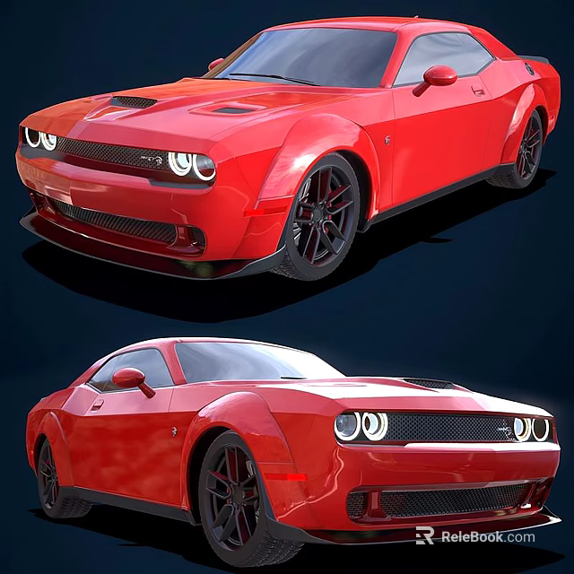 Red Muscle Car With Wide Body Design Black Wheels And Front Fascia Headlights Grille 3d model 