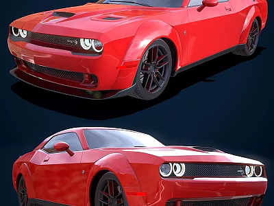 Red Muscle Car With Wide Body Design Black Wheels And Front Fascia Headlights Grille 3d model
