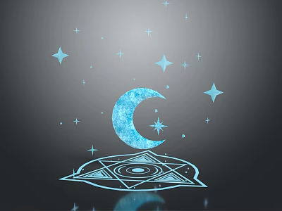 Mystical Blue Glowing Moon with Stars Above Magic Circle Symbol on Dark Background 3d model