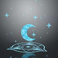 Mystical Blue Glowing Moon with Stars Above Magic Circle Symbol on Dark Background