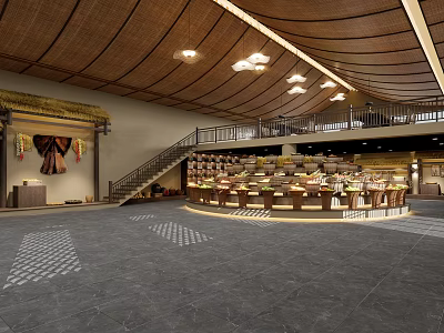 Natural Rustic Large Restaurant Interior With Central Buffet Counter And Spacious Mezzanine Dining Area 3d model