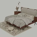 Double Bed with Upholstered Headboard Wooden Nightstands Table Lamps and Patterned Rug