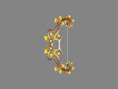 Ornate Decorative Bow Weapon With Golden Leaf Accents And Red Gemstones 3d model