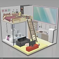Miniature Room Model Interior With Bed Bookshelf Sofa TV And Coffee Table 3d model