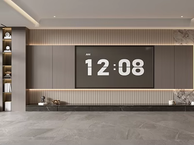 Modern Minimalist TV Background Wall With Gray Cabinets LED Strip Lighting And Marble Texture 3d model