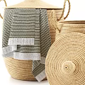 Woven Storage Baskets With Lids Handles And Gray Towels For Home Organization