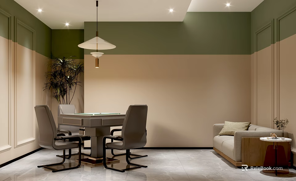Hotel Chess Room Interior With Table Chairs Pendant Light Green Beige Walls Sofa And Plant 3d model 