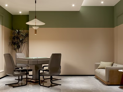 Hotel Chess Room Interior With Table Chairs Pendant Light Green Beige Walls Sofa And Plant 3d model