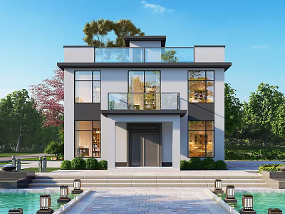 Modern Two Story Detached Villa With Large Windows Balcony Swimming Pool And Greenery 3d model