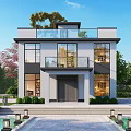 Modern Two Story Detached Villa With Large Windows Balcony Swimming Pool And Greenery