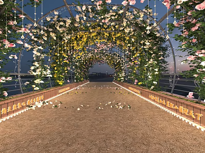Beautiful Garden Landscape with Flower Arch Hanging Pink White Flowers and Scattered Petals on Path 3d model